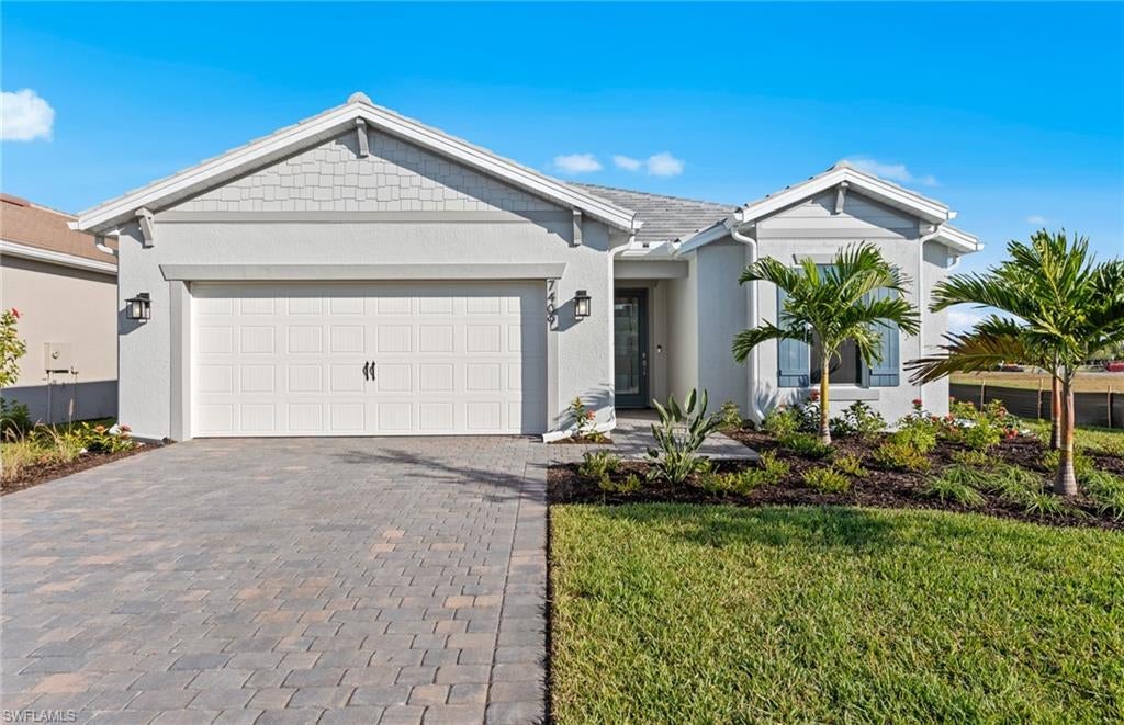 Move to Del Webb Oak Creek! This brand new home is move-in ready! This Prosperity home features stainless steel appliances, quartz counters, custom stylish backsplash, white wood cabinets, tile flooring in main living areas, walk-in shower in owners suite and secondary bath, 8' ft. doors throughout, smart home package, full laundry upgrade, impact glass, and 2 car garage with 4' extension. Enjoy indoor-outdoor living with sliding glass door to the extended covered screened-in lanai with greenspace view. Oak Creek is Del Webb’s newest 55+ community, situated in North Fort Myers. Homeowners will benefit from it being a natural gas, gated community with vacation-inspired amenities such as a resort style pools and spa, clubs and activities, a restaurant and covered Tiki, and a fulltime lifestyle director. Just beyond the gates homeowners can find shopping and dining, explore Fort Myers River District, relax on the Gulf Coast beaches, and experience new recreational activities while still being only minutes from everyday conveniences. The Oak House grill & bar, tiki seating area, Pickleball, Bocce ball, amenity center, and the resort style pool are now open!