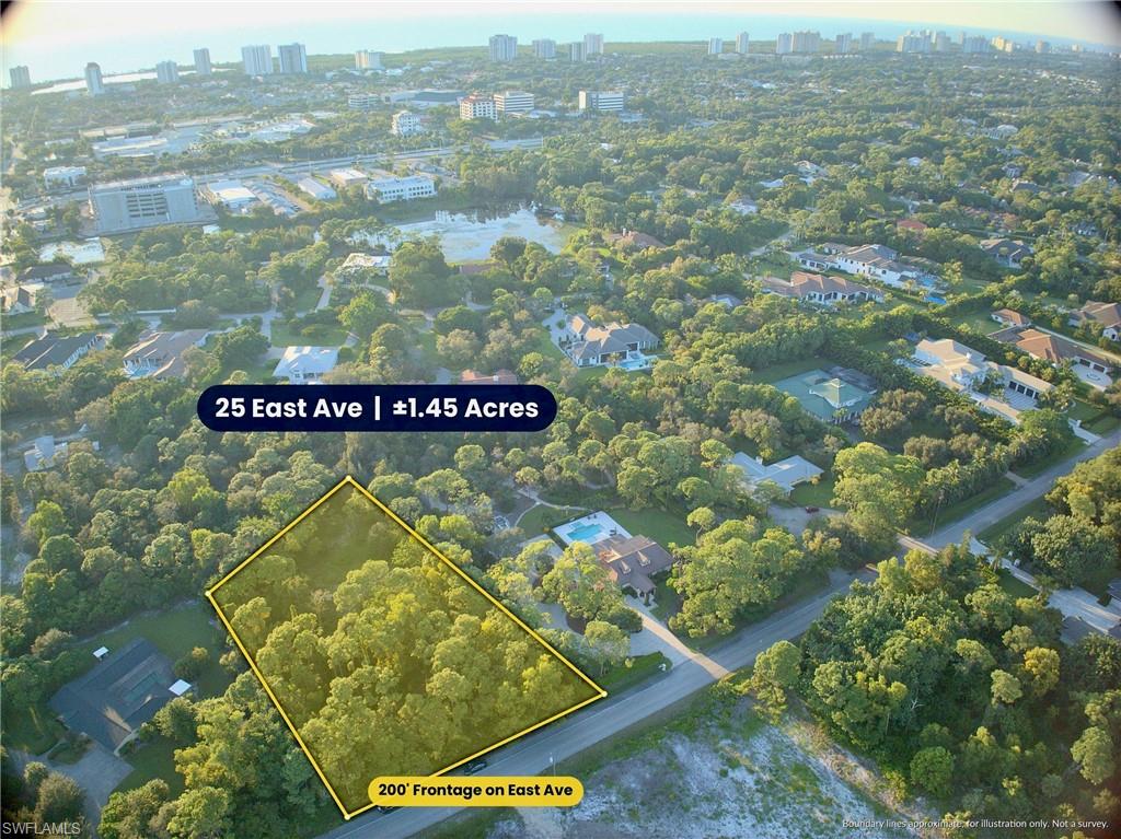 An estate homesite in the heart of Naples. This vacant, cleared 1.45-acre parcel (~63,000 sq ft) sits on quiet East Avenue in Pine Ridge, minutes from the beach, Mercato, Waterside Shops, and about 13 minutes from Fifth Avenue South. It's rare to find this much land this close to the best of Naples' beaches, shopping and dining. With 200 feet of frontage, the lot has plenty of room for a custom home, pool and outdoor living. A mature tree canopy gives natural privacy, and the west-facing rear brings afternoon light and sunset evenings. No HOA. Bring your architect and builder and create a one-of-a-kind home in one of Naples' most established luxury neighborhoods.