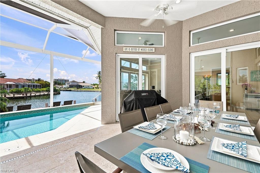 Marco Island Vacation and Seasonal Rental: Beautiful western exposure custom-built gulf access pool home with over 2,363 square feet living area with gorgeous wide water views and marvelous sunsets. Spacious floor plan featuring open kitchen with breakfast bar, formal dining, separate breakfast area and spacious living room, 3 bedrooms plus home office and 3 bath. Enjoy Marco Islands endless water views either from your covered patio area overlooking the pool, from your screened sundeck or the open sundeck just 5 steps away from the boat dock. Go fishing, boating, beachcombing or relax in the sun. The beach is in bike ride distance. The open new sun terrace, seawall and boat dock have been finished winter of 2022 and ads great value for outdoor activities and to enjoy Florida’s sun. Take advantage of the electric heated pool or gas barbecuing with friends and family. For outdoor activities the house comes with 2 double kayaks, 1 single kayak. The home has a two-car garage with 2 single doors. Bike to beach, shopping and restaurants. Max occupancy 6 person. Under Marco Island Ordinances it is unlawful for sexual offender / predator to occupy this residence or any other residence in Marco.
