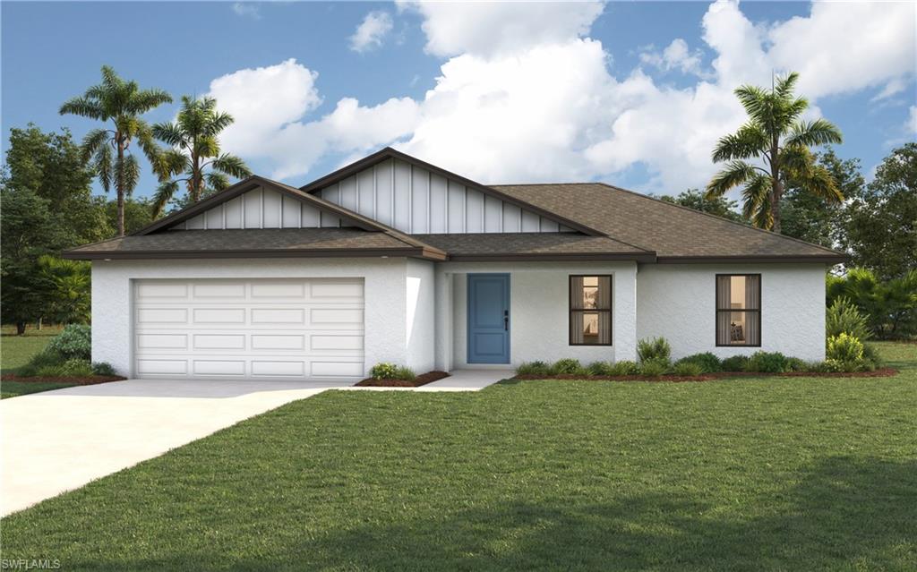 One or more photo(s) has been virtually staged, AI generated or rendered.  New Construction - Move-In Ready! SPECIAL INCENTIVES:  5.49% Fixed interest rate on FHA/VA 30-yr fixed loan with up to $13k in closing costs/prepaids paid by builder – OR – get up to $18k toward closing costs, rate buydowns, and prepaids when using preferred lender and title. The Cayo Costa combines open-concept living with a smart split-bedroom layout, offering three bedrooms plus a den and two bathrooms. Perfectly designed for entertaining, the main living area showcases a soaring vaulted ceiling that seamlessly connects the kitchen, dining area, and expansive Great Room. A large freestanding island provides the ideal centerpiece for both casual meals and social gatherings, while sliding glass doors extend the living space to a covered lanai for effortless indoor-outdoor living. The private Primary Suite is a true retreat, featuring two spacious walk-in closets and a well-appointed en-suite bathroom. On the opposite side of the home, two comfortable guest bedrooms share a full bath, ensuring both privacy and convenience. A versatile den with French doors offers the perfect space for a home office, study, or creative flex room. Highlights of the Cayo Costa include: Quartz countertops in kitchen and baths, designer cabinetry with soft-close doors, stainless steel kitchen appliance package, upgraded plank tile flooring in main living areas, hurricane-impact windows and doors, attached 2-car garage with direct laundry access, and more! Pictures, renderings, & virtual tour are of similar home & are used for display purposes only.