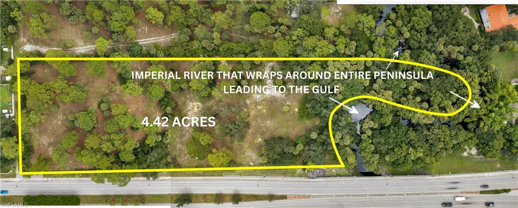 RARE FIND- a true peninsula wrapping around the Imperial River! Vacant 4.32 acres with utilities already set up and elevated pad already in place to put a house on! This large parcel is located in one of the fastest growing areas of SWFL. The property still has Old Florida landscaping that sits alongside large cleared areas. Build the home of your dreams on land that gives you a country feel while being on the Imperial River that gives you the ability to soak up the Florida sun while kayaking down the river that is right in your backyard ... plus, it goes ALL the way to the Gulf!