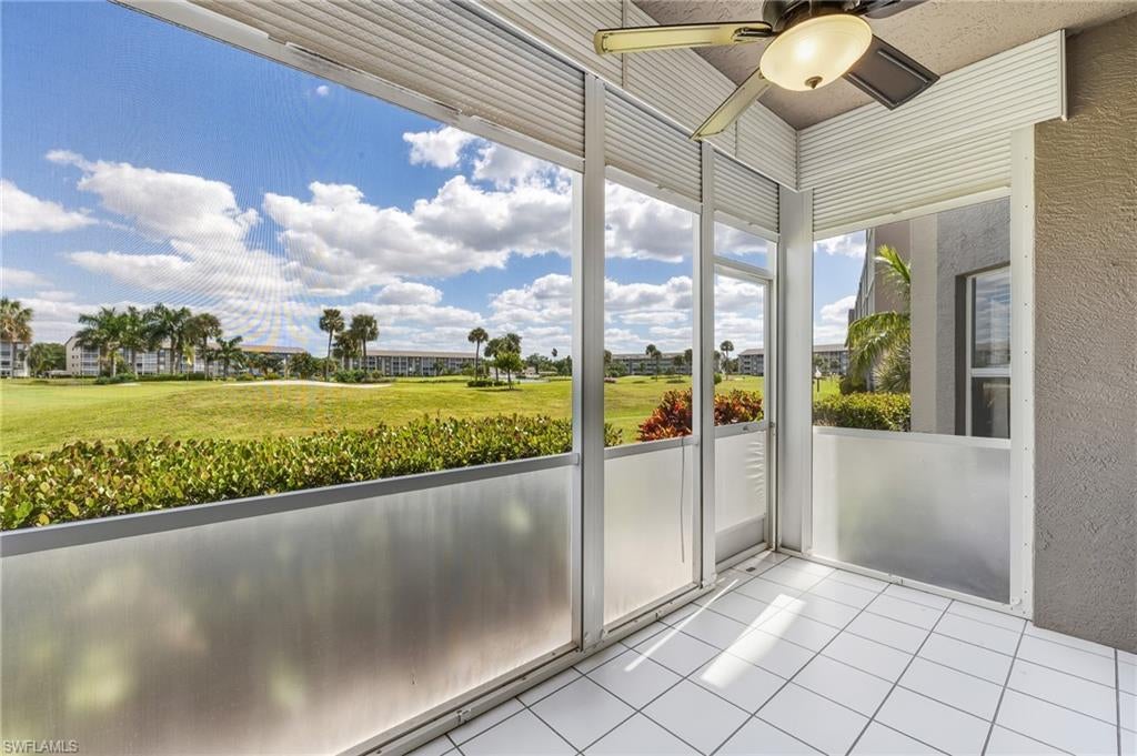 Updated 2 Bedroom 2 Bath condo with beautiful view of lakes and golf course. Only 15 minutes from Ft Myers Beach and Sanibel. Priced to sell quickly, this 1st floor condo has an updated white kitchen with granite counters and additional built-in cabinets. Hard-scraped wood flooring in the living areas. Spacious primary bedroom with en-suite bath. Guest bedroom has a murphy bed- perfect for guests and a home office. The lanai has a view of the lakes with fountains, golf course and palm trees swaying in the wind. Golfview Golf and Racquet overlooks a Par 3 9 Hole golf course. Unlimited free golf for 2 owners. 3 pools, clubhouse, tennis, pickle ball, bocce and more. Covered parking, outdoor storage closet included. Condo fees include water, cable/internet, interior pest control, on-site manager and all amenities. Move-in ready condo minutes from shopping, restaurants, college sports and best of all you can have your toes in the sand in 15 minutes.