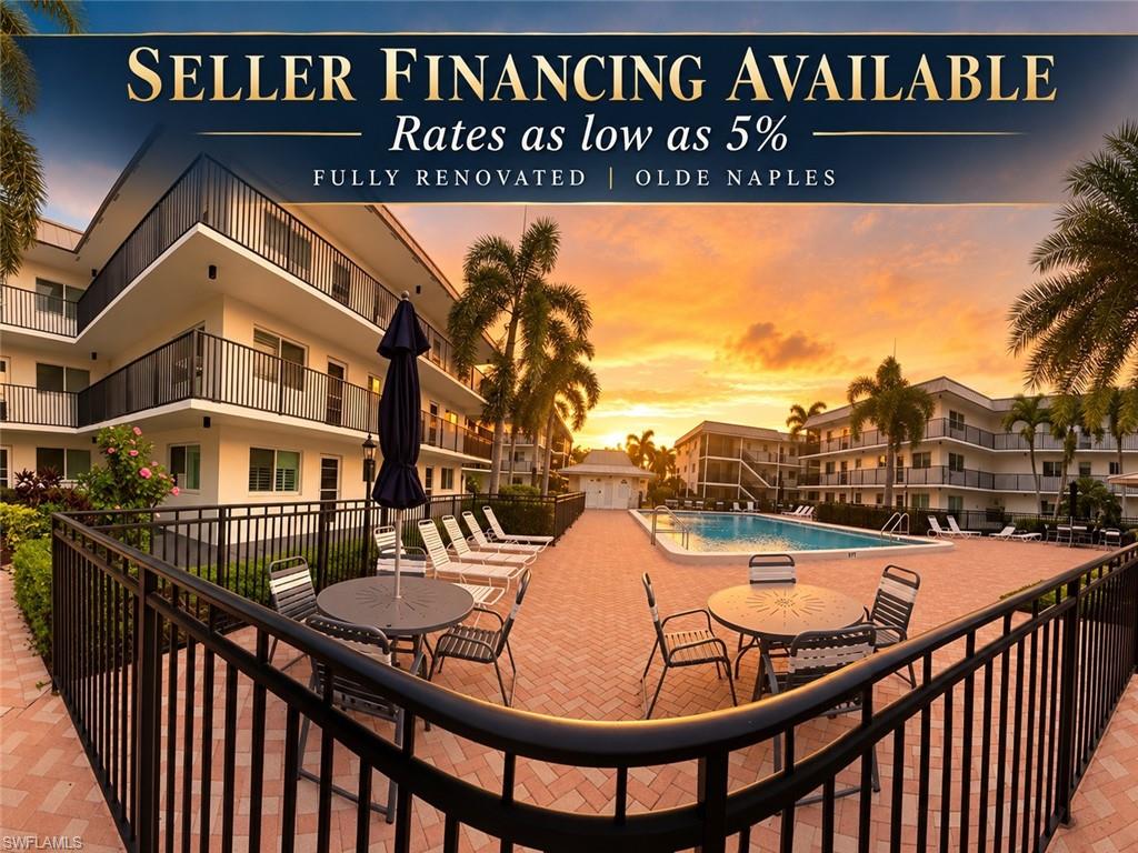 One or more photo(s) has been virtually staged, AI generated or rendered.  SELLER FINANCING AVAILABLE WITH INTEREST RATES AS LOW AS 5%!  An incredible opportunity to own a COMPLETELY RENOVATED, MOVE-IN READY CONDO IN THE HEART OF OLDE NAPLES!  Whether you're searching for a seasonal getaway, full-time residence, or income-producing investment, this beautifully updated first-floor end unit checks all the boxes!  EVERYTHING HAS BEEN DONE FOR YOU!  Enjoy a stunning, modern interior featuring NEW luxury vinyl plank flooring, fresh paint, new baseboards, contemporary lighting, stainless steel appliances, quartz countertops, updated kitchen tile, and beautifully renovated bathrooms with new glass shower enclosures. NEW impact-resistant windows and sliding glass doors add comfort, security, and peace of mind. Desirable southwest exposure fills the home with natural light and offers beautiful sunset views.
Convenience is key! Enjoy an in-unit washer and dryer, bundled high-speed internet and cable, private storage just outside your door for beach chairs and bicycles, and an assigned parking space directly outside your sliding glass door for easy access.  INVESTORS TAKE NOTICE! NO WAITING PERIOD TO RENT!  Central Garden Condominium offers immediate rental opportunities for new owners, providing flexibility for seasonal or annual rental income, subject to community rental guidelines. Perfect for buyers looking to enjoy their Naples retreat while having the opportunity to generate rental income when they're away!
LOCATION, LOCATION, LOCATION! Live just blocks from the vibrant shopping, dining, and entertainment of iconic 5th Avenue South and charming 3rd Street South, with Naples' famous white-sand beaches, Wynn's Market, boutique shops, art galleries, and world-class restaurants all nearby. Experience the Olde Naples lifestyle without the Olde Naples luxury price tag!  WHY WAIT? WITH SELLER FINANCING AVAILABLE AT RATES AS LOW AS 5%, HOMEOWNERSHIP IN OLDE NAPLES MAY BE MORE ATTAINABLE THAN YOU THINK!  Flexible financing opportunities for qualified buyers. Completely updated, ideally located, and ready for immediate enjoyment.