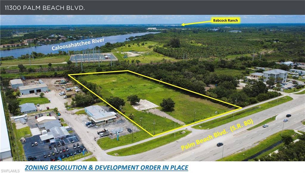 4.99+/- acres located on Palm Beach Blvd (midway between I-75 and S.R. 31 - main entry corridor to Babcock Ranch).  Cleared, partially filled, and full median cut.  Zoning resolution (CPD) and development order in place (45,000sf building). High growth area with increasing rooftops.  Zoning allows for office, medical, retail, farm equipment sales/service, small equipment/vehicle dealers, and heavy equipment sales/service. 300' of frontage on Palm Beach Blvd. 40,000+ homes planned or under construction within 5 miles of the site. Babcock Ranch is an 18,000 acre +/- master planned community with nearly 20,000 homes at full buildout.  The property is a 15 minute drive to downtown Ft. Myers, 8 minute drive to Babcock Ranch, and 20 minute drive to Southwest Florida International Airport.
One of the fastest growing commercial corridors in Lee County.