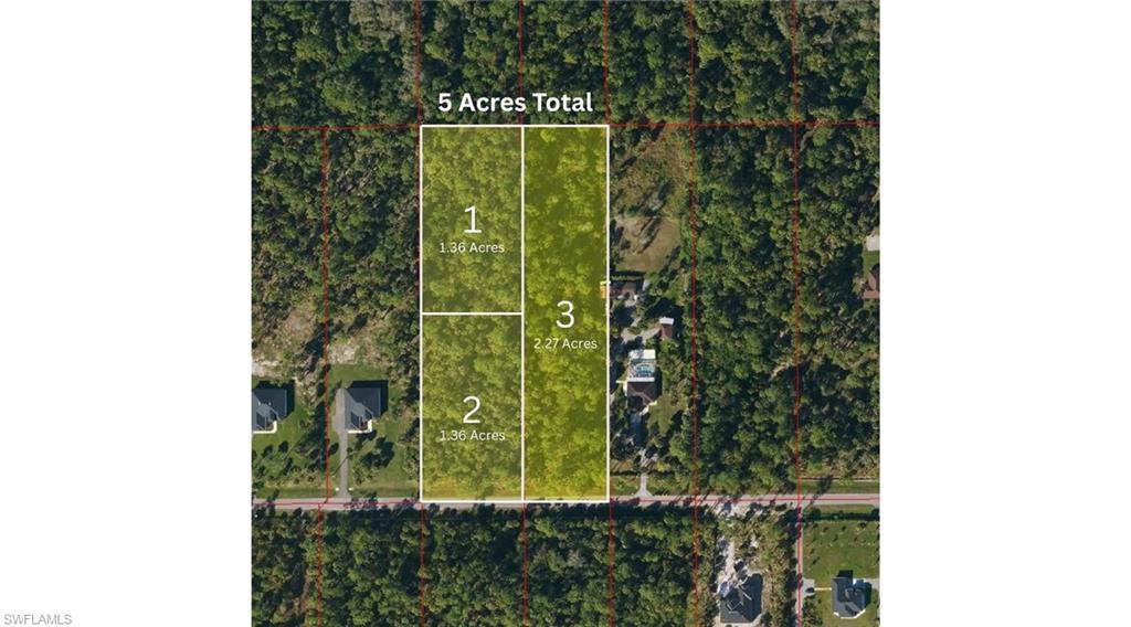 This rare and one-of-a-kind 100% upland 5-acre parcel on 40th Ave SE, just off Everglades Blvd in Naples, FL, offers unmatched flexibility and development potential. Parcels # 1,2 and 3 are represented in this listing. The entire property contains no wetlands whatsoever, providing a perfect opportunity for 3 single-family homes, guest house, and outbuildings. The parcel can be purchased as a single 5-acre tract for $350,000 or divided for multiple opportunities. The western 180 feet, approximately 2.75 acres, consists of two 1.36-acre separate lots, allowing for the construction of two individual single-family homes, priced together at $185,000. The eastern 150 feet, approximately 2.27 acres, can be purchased separately for $165,000. With current codes, the property could accommodate up to three single-family homes, plus a guest house at 40% of the square footage of the main home, along with additional outbuildings—making it ideal for a family compound or multi-generational living. This property represents a truly unique opportunity in Naples to acquire fully buildable, versatile upland acreage in a convenient location with endless possibilities.
