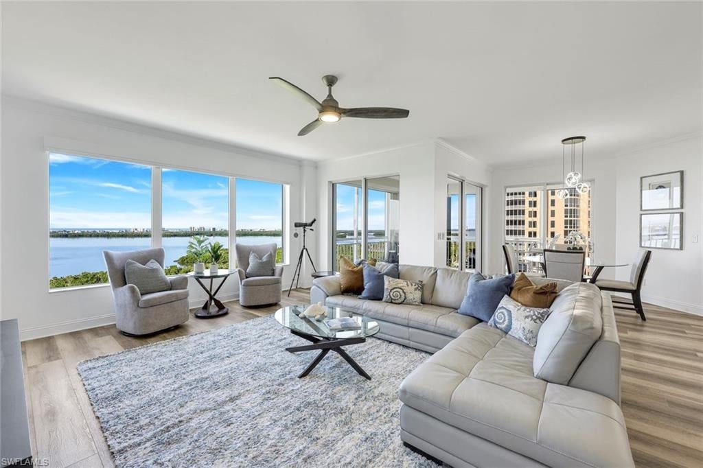 Stunning views and exceptional lifestyle await in Vistas #1103, a beautifully maintained and recently reimagined residence in one of Bonita Bay's signature high rise communities. With over $200,000.00 in upgrades, you will feel like you are living in a resort every day! Upgrades include a newly resigned open-concept kitchen, waterfall quartz countertops, crown molding with accent lighting both on ceiling and undercabinet, reverse osmosis water system, new flooring through entire unit (no carpet), and updated bathrooms. With over 2500 square feet of living space and three bedrooms (one is used as an office), there is plenty of flexible space to make this your own special home. What truly sets this residence apart are the three outdoor lanais (one large screened and two unscreened off the bedrooms) lending themselves to watching beautiful morning sunrises and sunsets.
The Vistas offers on-site management, two guest suites, social room, gorgeous pool and spa, fitness center and recently refreshed common areas. Set within the award-winning Bonita Bay, residents enjoy 12+ miles of trails, 3 parks, kayak launch, full-service marina with dry-dock storage and a private two-story Gulf-front beach park with shuttle service.

Membership to the award-winning Bonita Bay Club is optional, providing access to five world-class golf courses, tennis, pickleball, croquet, luxury spa and fitness, and multiple dining venues. This is move-in ready luxury with unmatched amenities-this is the Southwest Florida lifestyle at its best.