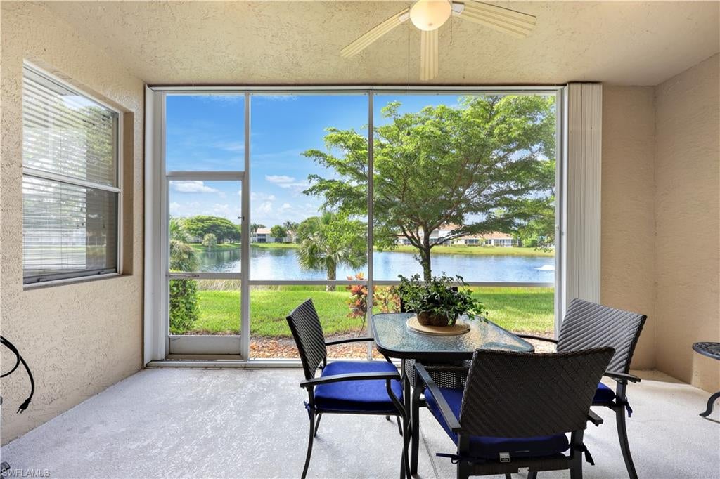 LOCATION, VIEW AND SOUTHERN EXPOSURE! Enjoy one of the most desirable settings in Dover Place from this beautifully maintained first-floor residence overlooking a spectacular long and wide lake. Positioned in an exceptional location within the community, this 2-bedroom, 2-bath condominium enjoys direct southern exposure and expansive water views accented by fountains, creating a picturesque backdrop from morning through evening. This is the kind of view that makes a difference—the lake stretches out in front of the residence rather than simply providing a glimpse of water, offering an open, peaceful setting that immediately becomes the focal point of the home. With 1,227 square feet of living space, the residence has been carefully maintained and is clean, comfortable, and ready to enjoy. The floor plan takes full advantage of the beautiful setting, with the main living areas oriented toward the water and abundant natural light enhanced by the desirable southern exposure. Step outside and relax while overlooking the lake and fountains, enjoy your morning coffee surrounded by the peaceful waterfront setting, or unwind at the end of the day while taking in a view that never gets old. Another major advantage is the convenient ground-floor location. The home also includes an attached one-car garage, providing secure parking and valuable additional storage—a feature that adds considerably to the convenience of condominium living. The comfortable two-bedroom, two-bath layout provides separation between the primary suite and guest accommodations, making it ideal for hosting visiting family and friends. While the home offers an opportunity for a future owner to personalize the interior to their own taste, its excellent condition allows it to be enjoyed immediately. More importantly, the attributes that cannot be changed—the exceptional building location, direct southern exposure, expansive lakefront setting, and long water view—are already here. Dover Place is located within Briarwood, a gated Naples community known for its central location, attractive residential setting, and outstanding collection of amenities with low HOA fees. Residents enjoy two heated community swimming pools, tennis and pickleball courts, basketball and volleyball courts, a community park and playground, along with the added peace of mind of a 24-hour attended gatehouse. Briarwood's convenient location places you just minutes from the heart of Naples. Gulf beaches are within easy reach, while nearby access to major roadways makes getting around Southwest Florida simple. A first-floor home with an attached garage is already desirable; combine that with direct southern exposure and a gorgeous, long and wide lake view with fountains, and 325 Dover Place #103 offers something increasingly difficult to duplicate. Come for the home, but expect the view to be what you remember.