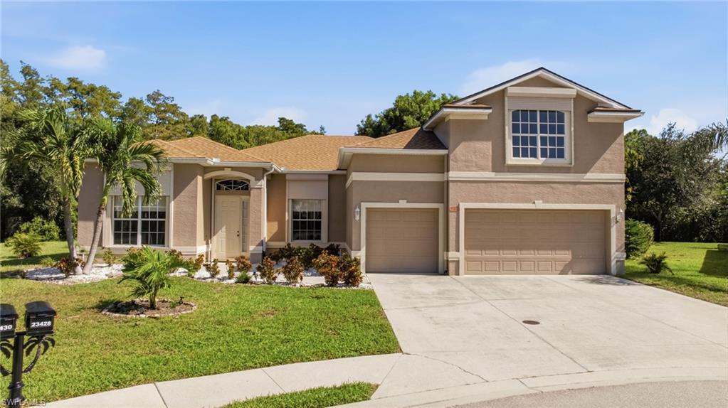 Discover exceptional space, privacy, and comfort in this beautifully maintained Meadowbrook residence, ideally situated on an oversized estate lot at the end of a quiet cul-de-sac. Surrounded by lush tropical landscaping, this impressive home offers 4 bedrooms plus a versatile den or optional fifth bedroom, 3 full bathrooms, and a spacious 3-car garage. The desirable split-bedroom floor plan provides privacy, with the primary suite conveniently located on the main level, featuring a luxurious soaking tub, separate glass-enclosed shower, and generous California-style closet. The upstairs bonus room, complete with a walk-in closet, offers additional flexibility for guests, a home office, or recreational space. The inviting kitchen features an island, Corian countertops, pantry, and stainless steel appliances, while the utility room provides additional built-in storage. Step outside to your own private tropical retreat, where a sparkling pool and spa are surrounded by an expansive screened lanai, perfect for relaxing or entertaining. Notable improvements include a NEW ROOF IN 2023, electric hurricane shutters, updated pool equipment, and interior and exterior painting. Located WEST OF US-41, Meadowbrook offers convenient access to Coconut Point Mall, exceptional dining, shopping, and Southwest Florida’s beautiful beaches. With LOW HOA FEES and an outstanding location, this property delivers the perfect combination of privacy, spacious living, and the Southwest Florida lifestyle!