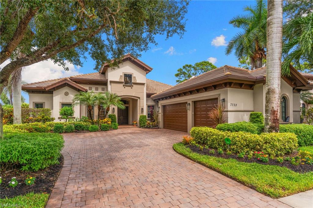 Step into this exquisite Stock custom-built luxury residence located in the gated enclave of Classics Plantation Estates at Lely Resort.  Featuring 3-bedrooms, den and 3 bathrooms, this Scottsdale open-concept layout with volume ceilings, transitions from its main living areas to an oversized lanai. Designed for indoor-outdoor living with a large private pool and spa, a new outdoor kitchen, the serene surrounding views will become your own personal sanctuary. The spacious open layout with expansive glass slider doors brings in the bright natural Florida sunshine.  The gourmet kitchen is equipped with custom cabinetry and premium stainless steel appliances.  Unwind in the primary suite offering dual vanities and a soaking tub.  A split floor plan provides privacy for guests and visitors.
The world class resort experience of the Players Club & Spa membership is included with this home.  The Players Club & Spa features fine dining, a tiki bar and grill, 2 resort style pools plus a lap pool, a well-equipped fitness center with personal trainers and a full array of classes, full-service spa, Har Tru tennis courts with a pro shop, pickleball plus 2 dog parks.  Lely Resort is also home to 1 private golf club (The Classics Country Club) and 2 public golf courses (The Mustang and The Flamingo).
