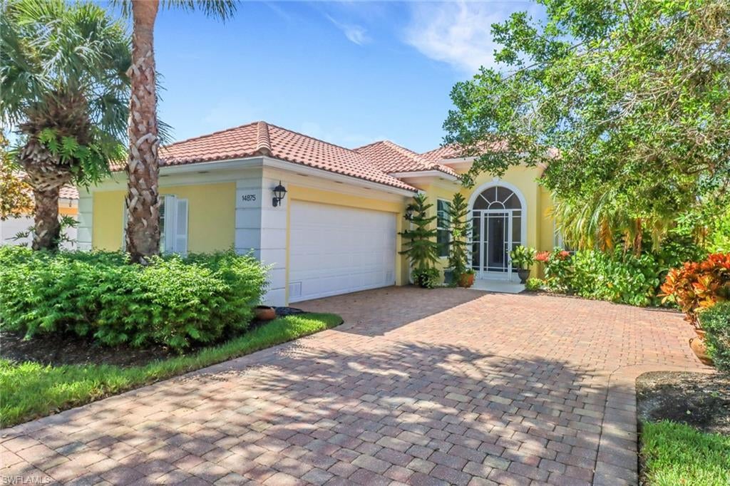 This impressive 3-bedroom plus den pool home is located in the prestigious gated community of San Remo at Palmira in Bonita Springs. A builder-extended Oakmont model, the home features an open Florida floor plan with a desirable split-bedroom layout, offering both space and privacy. Constructed with solid-poured concrete—a signature of DiVosta Homes—it includes a unique his-and-her primary bathroom setup with a Roman tub, separate shower, and dual walk-in closets. Enjoy peaceful southern exposure and tranquil lakefront views from the private screened lanai, which also features a gazebo and privacy hedge, perfect for outdoor relaxation or entertaining. Recent upgrades include a new A/C system, new appliances, fresh interior and exterior paint, and stylish new vinyl flooring throughout. The home is fully equipped with storm protection on all windows and doors, a whole-house generator, and does not require flood insurance. Located in a well-maintained, amenity-rich community with low HOA fees and no CDD, San Remo offers residents access to a resort-style pool, tennis and pickleball courts, and a welcoming community center. Meticulously maintained and move-in ready, this home delivers the best of secure, stylish, and relaxed Florida living.