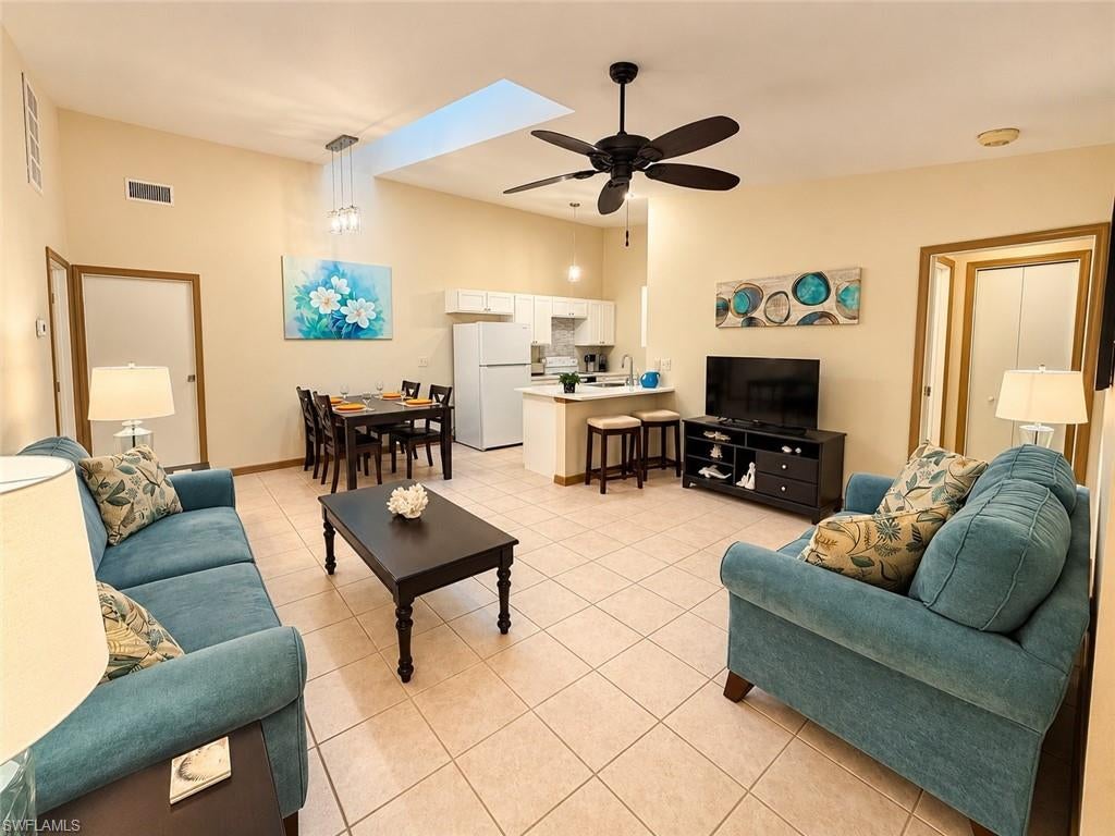 Cape Harbour Convenience Without the Cape Harbour Price Tag! Turnkey furnished and located approximately one mile from Cape Harbour’s popular waterfront restaurants, marina, shopping, and entertainment, this inviting condo offers an affordable opportunity to enjoy the Southwest Florida lifestyle without the premium price of living directly in Cape Harbour.
Inside, the open floor plan features vaulted ceilings, a skylight (producing lots of natural light), and s split bedroom layout. The kitchen offers white cabinetry, attractive countertops, and a convenient breakfast bar overlooking the dining and living areas. With furnishings included, this home is move-in-ready!
A spacious screened lanai provides an inviting outdoor living area surrounded by tropical landscaping, ideal for morning coffee, relaxing afternoons, or enjoying Florida’s beautiful sunsets. The primary bedroom offers generous space and natural light, while the second bedroom provides flexibility for guests, a home office, or additional living needs. Additional features include impact-resistant windows, two full bathrooms, in-unit laundry, and ample storage.
The community features well-maintained tropical grounds, a swimming pool and community building, providing opportunities to relax and enjoy the Florida sunshine. 
Conveniently situated in desirable Southwest Cape Coral, the property offers easy access to Cape Harbour’s waterfront dining, boutique shopping, boating activities, and entertainment, along with other nearby shopping and everyday conveniences.
Whether you’re searching for a primary residence, seasonal retreat, or an affordable Southwest Florida getaway, this condo offers an appealing combination of location, convenience, and value.
This turnkey furnished condo presents an opportunity to enjoy life near Cape Harbour while keeping your investment considerably lower.  Schedule your private showing and discover the possibilities!