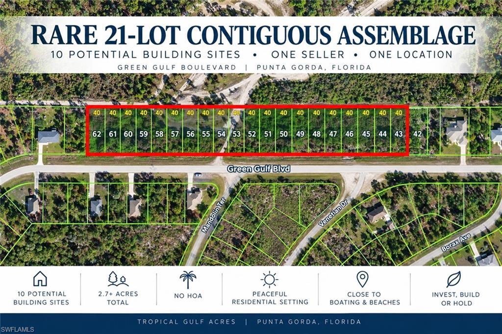 21 CONTIGUOUS RESIDENTIAL LOTS – ONE SELLER – ONE LOCATION. Rare opportunity to acquire an entire assemblage of 21 adjoining platted lots along Green Gulf Boulevard in Tropical Gulf Acres. Based on the required two-lot configuration, the property offers 10 potential single-family building sites plus one additional lot. Purchase the entire assemblage for future development, investment or a phased building program. Individual two-lot and four-lot configurations are also offered separately.