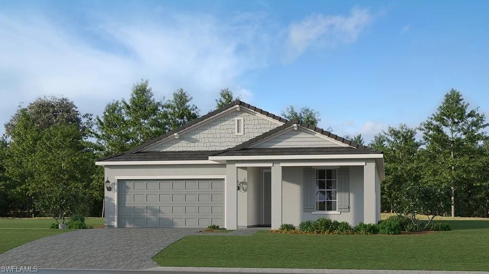 One or more photo(s) has been virtually staged, AI generated or rendered.  Embrace an elevated resort lifestyle at Kingston South, where a tropical pool oasis, lively saloon and a premier sports complex invite you to connect, play and thrive in beautiful Estero, FL. Experience modern single-story living in this new four-bedroom home. Upon entry, two bedrooms frame a full bathroom near the foyer. An open-concept layout blends the kitchen, living and dining spaces with direct access to a spacious covered patio for year-round outdoor enjoyment. Two additional bedrooms, each with en-suite bathrooms, are tucked away to the side of the home, including the comfortable owner’s suite featuring a spacious walk-in closet. Prices, dimensions and features may vary and are subject to change. Photos are for illustrative purposes only. Estimated delivery date is Nov/Dec 2026.
