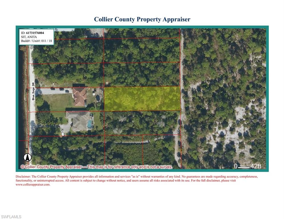 This ½ acre residential lot is to be sold with four contiguous ½ acre lots providing a great opportunity for your own private 2.5 acre retreat and only minutes to the beautiful Naples downtown and beaches. Just around the corner from the super exclusive Hideout Golf Club. Right behind on the east side is the beautiful Conservation Collier Nancy Payton Preserve with its magnificent trails. Two adjacent ½ acre lots at the same price and terms (ML #226036589 & #226036594). The two lots behind on the west side front directly on Blue Sage Dr (ML #226036583 & ML#226036691) for a once in a lifetime opportunity to have your own 2.5 acre homestead preserve for a total price of only $615,000.