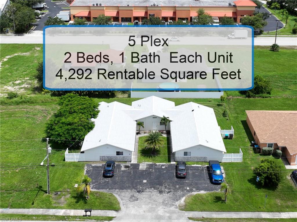 Exceptional Investment Opportunity: Multi Family 5-Plex building has a total of 10 Bedrooms, 5 Baths with around 4300 total square feet.  Has a BRAND NEW 2023 Dimensional Shingle Roof that's lighter in color to maximize efficiency.  Conveniently located to shopping and dining, only a 1/2 mile to Santa Barbara Pkwy and Pine Island Rd..  Each unit has the same layout of 2 Bedroom, 1 Bath.  Currently, 3 units are occupied with long term good standing tenants.  Each unit has vinyl fence sections to create private backyard spaces among the renters.  Each unit has tiled floors along with its own electric and water meters and tenants pay utilities.  There is an indoor shared laundry room with coin washer and dryer.  With room for improvement creates the opportunity of higher rental income.  Please note: Don't walk on property or disturb the tenants, must call to schedule a showing appointment.