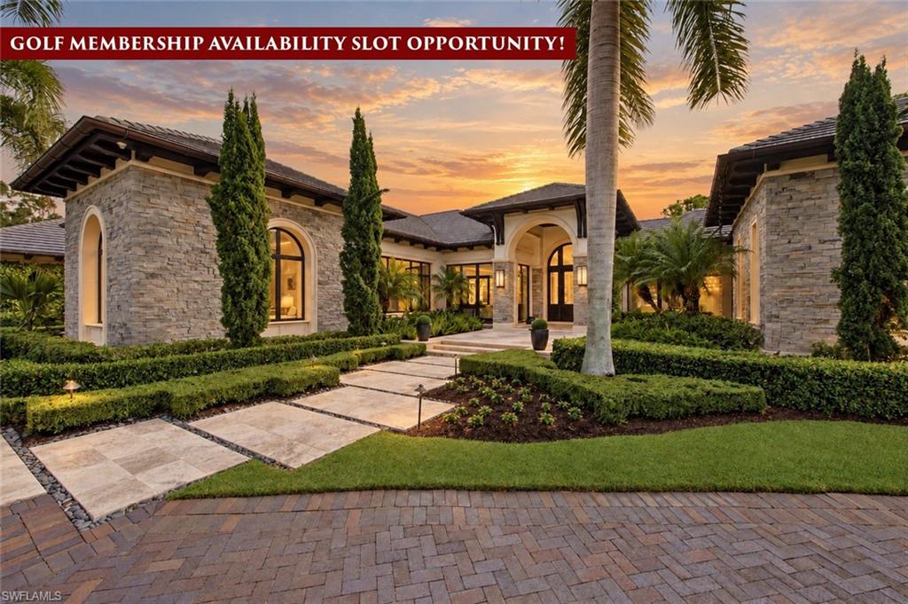 A Mediterra golf membership opportunity is negotiable with the sale of this extraordinary estate. Recipient of seven Sand Dollar Awards in 2016, including Product Design of the Year, this 2016 Kurtz Homes masterpiece, designed by Stofft Cooney Architects, unfolds across 1.13 acres overlooking the 12th hole of Mediterra’s South Course. Offering 7,713 sq. ft. of single-level living, four bedrooms, four full and two half baths, the residence is a triumph of architectural artistry and effortless entertaining. Beyond the mahogany entry, a dramatic foyer frames the spectacular pool courtyard and pavilion. Soaring beamed ceilings, natural hardwood flooring, Wisconsin ledgestone, exquisite stonework and walls of glass define the expansive great room, dining area and family room, where Nana wall folding doors and Loewen pocketing sliders dissolve the boundary between indoors and out. The culinary kitchen showcases Taj Mahal quartzite surfaces, custom soft-close Ruffino cabinetry, dual islands, two Sub-Zero refrigerators, dual dishwashers, Wolf gas cooktop and ovens, steam oven and a concealed Miele coffee center. Nearby, a private bougainvillea-lined courtyard invites quiet moments. A richly appointed club room features custom black walnut millwork, a curved wet bar, fireplace and an approximately 2,000-bottle glass-enclosed, climate-controlled wine cellar. The secluded primary wing offers golf and pool views, a sitting area, two extensively outfitted walk-in closets, dual glass-enclosed rain showers and a soaking tub; three additional guest suites provide refined retreats. Outside, an extraordinary resort courtyard centers on a fully glass-tiled pool with cool spa, separate heated spa, five fire-and-water bowls and generous stone terraces. Entertain beneath covered wood-beamed lanais with a 56-inch Wolf grill, wood-fired pizza oven and retractable screens, or gather at the separate pool pavilion beside its wood-burning fireplace. Completing this exceptional estate are two air-conditioned two-car garages, a fenced yard, Lutron lighting and shades, nine-zone, 44-speaker Sonos surround sound system, 12-zone Mitsubishi climate control, hurricane protection and a 50-kW Kohler whole-home generator. Mediterra is a prestigious luxury golf & beach club community featuring two championship Tom Fazio golf courses for avid golfers, a private beach club with a restaurant & bar, multiple tennis courts, pickleball & bocce, a fitness center, pristine bike & jogging trails, and luxurious dining at the private country club restaurant. The Mediterra Beach Club offers an escape to a 10,000 sq. ft two-story private oceanfront paradise on the Gulf of Mexico. Featuring a restaurant & bar that serves members via indoor & outdoor dining, this private facility boasts a heated swimming pool, a sundeck, and cabana beach service for chairs, umbrellas & refreshments.