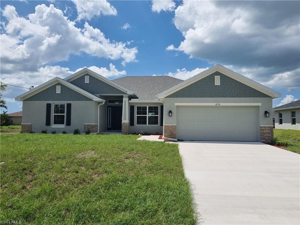New Construction - Welcome to your brand-new sanctuary! Situated in a highly sought-after and rapidly growing pocket of Northwest Cape Coral, this stunning new construction home offers the perfect blend of modern sophistication and Florida charm. From the moment you step inside, you’ll notice the seamless flow and high-end finishes that define this residence:
Luxury Flooring: Enjoy the durability and elegance of tile flooring throughout the entire home—no carpet here!
Chef’s Kitchen: The heart of the home features sleek granite countertops, upgraded cabinetry, and a Reverse Osmosis system at the sink for crisp, purified water.
Designer Baths: Matching granite counters and upgraded cabinets extend to all three full bathrooms, ensuring a cohesive, upscale feel.
Spacious Layout: With 4 bedrooms and 3 full baths, there is plenty of room for a home office, guests, or a growing family.
Outdoor Living & Curb Appeal
Escape to your private outdoor oasis through elegant French doors that lead to an expansive covered lanai.
Lush Landscaping: The property features a premium grass package, providing a vibrant, emerald-green backdrop for your backyard.
Effortless Maintenance: Keep your lawn pristine year-round with the fully integrated digital sprinkler system.
Location, Location, Location!
Nestled in a peaceful NW neighborhood, you are just minutes away from world-class boating, dining, and the breathtaking Gulf Coast sunsets. This home comes with the peace of mind that only new construction can provide.