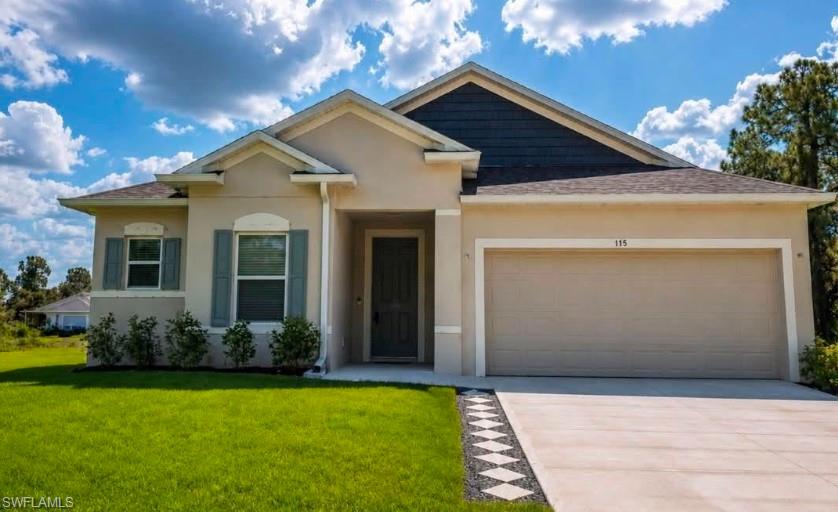 Welcome to this beautifully designed corner-lot home in Lehigh Acres, perfectly situated on an oversized homesite and featuring the highly desirable Drexel floor plan. Thoughtfully crafted with both style and functionality in mind, this spacious residence showcases soaring 9'4" ceilings, abundant natural light, and an open-concept layout that creates the perfect setting for everyday living and entertaining. The heart of the home is the beautifully appointed kitchen, complete with granite countertops, a large center island with bar seating, and a sunny breakfast nook overlooking the backyard. Elegant tray ceilings enhance the expansive great room, while a private den offers the flexibility to create a home office, media room, or playroom. Short sale and subject to bank approval.

The spacious primary suite provides a relaxing retreat with a generous walk-in closet and a spa-inspired ensuite featuring a tiled walk-in shower and natural light. Step outside to the covered lanai and enjoy the Florida lifestyle with plenty of room to relax, entertain, or customize the oversized yard with a future pool or outdoor living space. Built for comfort and peace of mind, this home includes Energy Star-qualified windows, hurricane shutters, architectural shingle roofing, and is located in a non-flood zone—eliminating the need for flood insurance. Modern smart-home features including DEAKO switches, a Ring video doorbell, smart thermostat, and keyless entry add convenience to everyday living. Conveniently located near shopping, dining, schools, parks, and major roadways with easy access to Fort Myers, this move-in-ready home offers the perfect combination of space, technology, efficiency, and value.