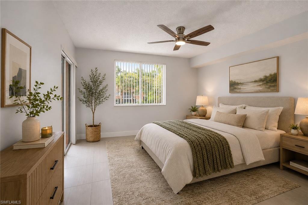 One or more photo(s) has been virtually staged, AI generated or rendered.  Beautifully renovated 2-bedroom, 2-bathroom UNFURNISHED condo available for an annual lease in the gated community of Napoli Luxury Condos. This bright and inviting home features abundant natural light, numerous windows, modern tile flooring throughout, ceiling fans in every room, and an open-concept living, dining, and kitchen area. The updated kitchen offers granite countertops, modern cabinetry, and a granite breakfast bar with ample seating. Both bathrooms feature quartz countertops and updated cabinetry. The spacious bedroom includes a walk-in closet, while the screened lanai offers a peaceful outdoor space, with convenient access from the living room and bedroom via sliding glass doors. In-unit laundry adds everyday convenience.
Residents enjoy excellent community amenities, including a swimming pool, cabana, walking paths, tennis courts, lawn bowling, BBQ area, gym, squash court, billiard tables, and clubhouse with free Wi-Fi, library, and social areas. The community offers gated entry, security cameras, and convenient access systems for residents and guests. Located near Publix, Starbucks, restaurants, banking, and other services, the property is approximately 12 minutes from Downtown Naples, 13 minutes from Naples beaches and the Pier, and close to I-75 Exit 101. GARAGE is available for $150 monthly.