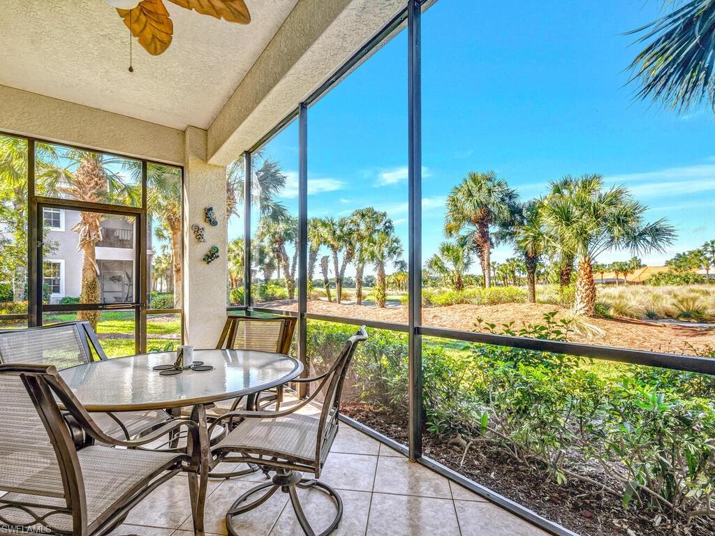 One or more photo(s) has been virtually staged, AI generated or rendered.  Imagine waking up each morning to a peaceful golf course view, warm Florida sunshine and the quiet of your own private retreat!  This 1st floor condo in the San Marino community of Miromar Lakes Beach & Golf Club offers the perfect place to relax, unwind and enjoy the SWFL lifestyle.  Condo features 2 bedrooms & 2 baths along with a large den that gives you the freedom to create a space that fits your needs. This area could serve as an additional bedroom, reading room, man cave or multiple other possibilities.  There is also a room prior to the garage that is currently used for storage; however can be transformed into an office, kids/grandkids sleeping area or more.  The heart of this home is the generously sized kitchen, featuring a center island, walk-in pantry, cozy eat-in area and eat-at bar that's perfect for casual meals.  The spacious living area offers plenty of room for entertaining while showcasing off the peaceful view. Start and end your day on your screened lanai.  An attached 2-car garage adds convenience to your lifestyle.  Life in San Marino offers even more to enjoy with 2 clubhouses, fitness room, pool/spa and bbq grills.  Amenities extend to the resort style amenities offered at the Beach Club & Grill with miles of sand beach with cabanas, water sports on over 700 acres of freshwater lakes, indoor/outdoor bars & dining at the Blue Water Beach Grill or Clubhouse, full service spa & fitness center, resort-style infinity pool with spa, billiards, library, tennis, pickleball, bocce, putting green, children's play area, 2 marina areas, busy social calendar and so much more!  The championship golf course is an optional membership with current waitlist.  Miromar Lakes Beach & Golf Club is close to numerous shopping, dining & entertainment venues in addition to RSW Airport & FGCU.  We invite you to come live the Miromar Lakes lifestyle!