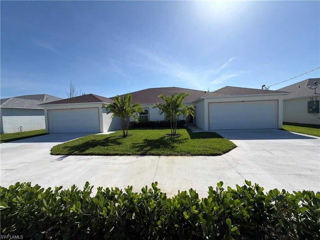 Brand new 2car garage duplex with 3bedrooms and 2 baths, living  area  is 1329sq.ft and total is 1878sq.ft for each side. Totally upgraded with tile, quartz, shining cabinets, impact windows, stainless steel appliances, sprinklers and located in great SW Cape coral location on fresh water canal with seawall. Very nice street with city water, sewer and irrigation and all assesments paid. Next door duplex available too