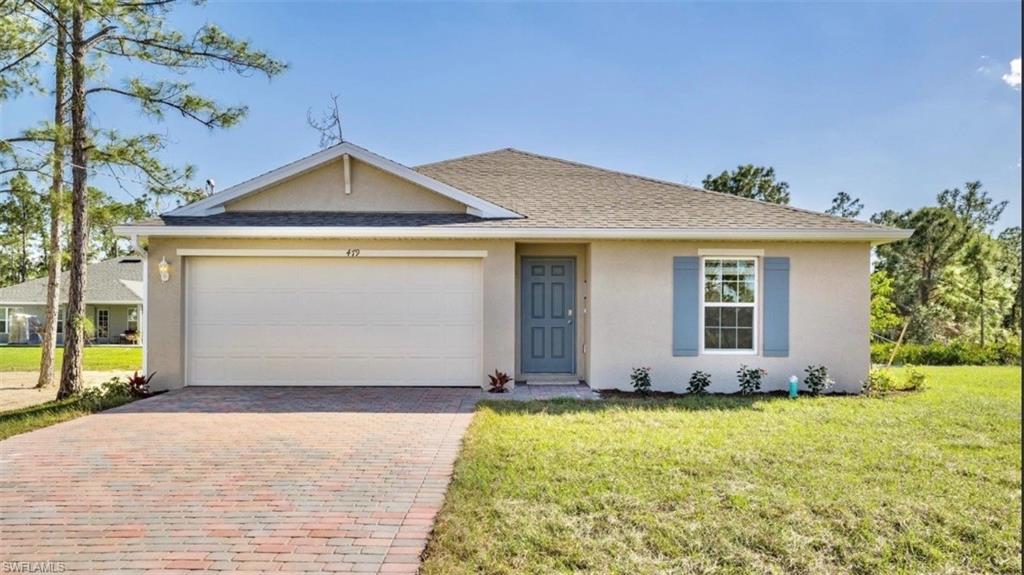WELCOME TO YOUR NEW DR HORTON HOME!! This is our appealing one-story, open concept, 1499 sqft FREEPORT Floorplan featuring 4 bedrooms, 2 bathrooms, 2-car garage, a covered under-trusses lanai and all concrete block construction. This home is on a beautiful lot located in Cape Coral. This home
boasts Designer cabinets and quartz countertops in both the kitchen and baths. Experience the timeless beauty and durability of RevWood laminated wood floors featured throughout the home, modern flat stock trim and baseboards, all stainless kitchen appliances including refrigerator, paver driveways and lanai, and garage door openers. Be wowed by the INCLUDED “home-is-connected” package which features a smart thermostat, smart door lock, video doorbell, smart garage controller, Deako smart switches, an echo pop speaker plus three years of Alarm.com service. We offer a full builder’s warranty along with a vast array of financing options and ways
to contribute to your closing costs. This is why owning a brand new home from America’s largest builder is going to be your best option. These homes move quickly so don’t miss out.