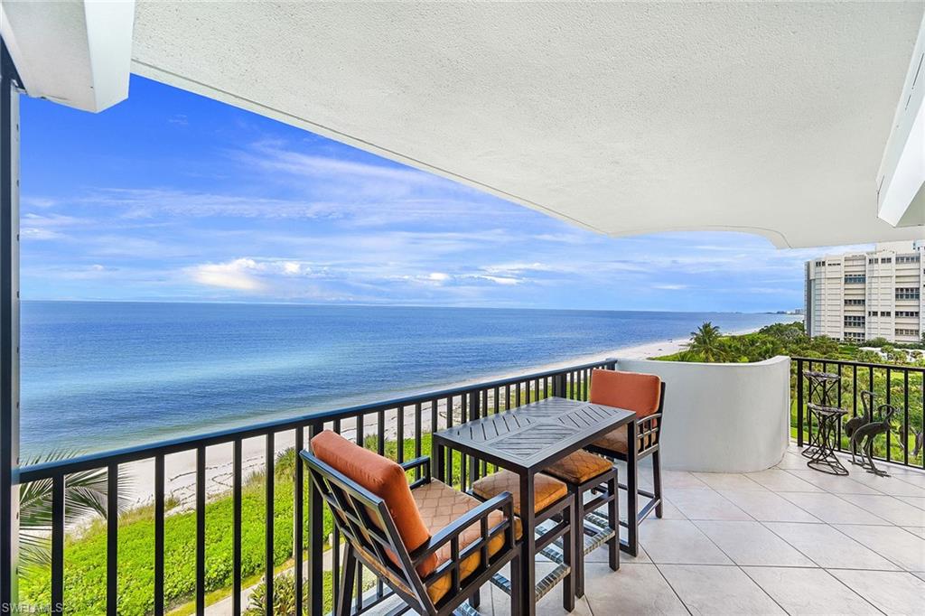 BEACHFRONT available Season 2027! This two-bedroom, two-bathroom condominium has STUNNING views overlooking the Gulf and Park Shore Beach. Surrounded by sliding glass doors, enjoy the sights and sounds of the surf from the kitchen, living room and from both bedrooms. The Primary Bedroom Suite is furnished with a king bed, two closets (one is a walk-in) as well as full bath with two sinks, a walk-in shower, and a separate water closet as well as a washer/dryer. The second bedroom is furnished with two twin beds and the nearby second bathroom has a combination shower/tub. Gulfside Condominium offers 24-hour security and is renovating their common areas which include a library, fitness center and community rooms, slated to be complete in the fall of 2025.  There is also a heated pool and 2 gas grills.  Venetian Village with all its fabulous bayfront shops and restaurants is just a short walk away.  This unit comes with 1 covered front row parking space. The building has a 90-day minimum rental period.