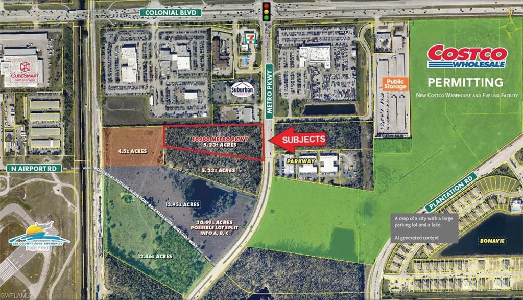 Costco closed on 55 acre across the road for $55m at $1m/acre or $33/sf on May 12, 2026. 5+acre on Metro Pkwy, 1/4 mile south of Colonial Blvd, across from to be built Costco. CI (Commercial Intensive, City of Fort Myers) zoning is suitable for a variety of commercial uses including but not limited to self-storage, car dealership, auto repair, gas station, car wash, hotel, motel, inn, extended stay facility, warehousing or distribution center, as well as 40 units/acre multifamily or 40 residential units/acre, subject to Port Authority restrictions. This area is experiencing explosive residential and commercial growth with many single-family and apartment developments just moments away. High retail concentration area with a mix of top national brands offering shopping, dining and entertainment venues.