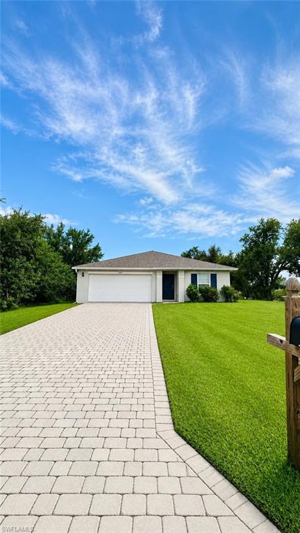One or more photo(s) has been virtually staged, AI generated or rendered.  Welcome to this beautiful 3-bedroom, 2-bathroom home in the growing community of Lehigh Acres! Built in 2022, this concrete-block home offers 1,450 square feet of living space on a spacious quarter-acre lot. Step inside to discover a thoughtfully designed split-bedroom floor plan featuring tile flooring throughout, a bright and inviting living area, and a separate formal dining space. The kitchen offers a convenient breakfast bar, pantry, and plenty of room for everyday dining. The primary suite features a walk-in closet and private bathroom, providing comfort and privacy. Additional highlights include an indoor laundry room, hurricane shutters, a two-car attached garage, and additional covered parking. Outside, enjoy a generous backyard with plenty of space for entertaining, outdoor activities, or the possibility of adding a future pool. With no HOA restrictions and a convenient location near Sunshine Boulevard, SR-82, and Daniels Parkway, this property offers easy access to shopping, dining, and surrounding Southwest Florida destinations. Whether you're looking for your next home or an investment opportunity, this property has plenty to offer. Schedule your private showing today!