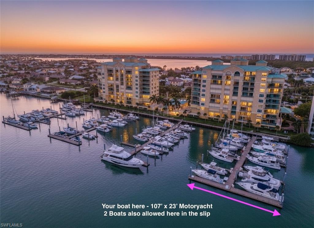 Experience some of the finest yachting lifestyle that Marco Island has to offer here at the gorgeous Marina on Factory Bay. This large 107 ft T-head slip has plenty of water at both high & low tides for a deeper draft vessel which also allows for the option to put your larger boat & tender both here in the slip. This T-Head on the tip of A-dock offers quick direct access to the Gulf of Mexico & is in close proximity to fuel located just to the South at Rose
Marina. It has 1-100 amp & 2-50 amp shore power connections, water, wifi, pump-out services, a dock box and security via cameras 24/7, plus a dock master onsite daily. Grocery stores, West Marine, shopping, both tiki hut & fine dining options are all in walking distance, so provisioning & getting around the island is quick & easy. The Gulf is just around the river bend and is approximately a 7-10 minute boat ride out to some of the best fishing and beaching SWFL has to offer. The Marina at Factory Bay is located on a submerged land lease, so this is an exclusive right-to-use slip and your quarterly fees pay the annual lease fees, plus include your water usage. Electric is metered separately. The marina consists of Bellingham concrete floating docks and there is a composite decking board-walk in place. In the club house, you will find bathrooms, showers, washer & dryers, ice, & a barbecue. Rarely does a slip of this size become available in all of Collier County, so if you would like to own one of the largest boat slips on the West Coast of FL in a premier cruising destination, now is your opportunity!