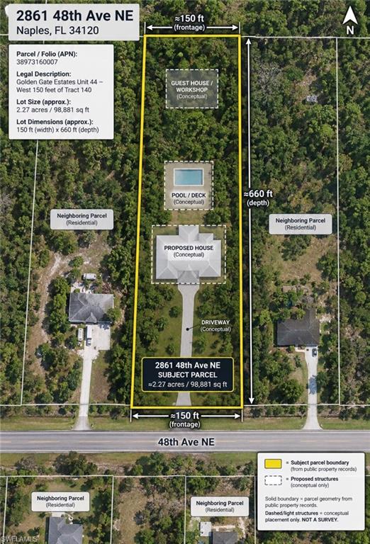 One or more photo(s) has been virtually staged, AI generated or rendered.  2.27 acres in very developed section of Golden Gate Estates surrounded by newer homes! Inspection report available upon request. Priced to sell quickly. Close to Immokalee Road & Orange Tree. Hablo Español! Financing available! Call today!