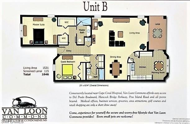 Van Loon Commons, a gated condominium community in Northeast Cape Coral offering Mediterranean-inspired architecture and resort-style amenities. Residents enjoy a community pool and spa, clubhouse, fitness room, billiards, and recreational spaces. The community features elevator access, assigned covered parking, and additional storage. Conveniently located near Del Prado Boulevard and Hancock Bridge Parkway, with easy access to shopping, dining, and everyday conveniences. Enjoy a low-maintenance lifestyle in a well-established community.

Enjoy the spacious feel and added privacy of a third-floor residence! The top-floor location features vaulted ceilings that create an open, airy atmosphere, while abundant natural light enhances the comfortable living space. The screened lanai offers a relaxing spot to enjoy the Florida lifestyle and take in the surrounding landscaped grounds. Elevator access adds convenience, and the residence includes assigned covered parking and additional exterior storage. Residents enjoy an array of community amenities, including a heated pool and spa, clubhouse, fitness center, and billiards room. 

The unit features 1,521 sf consisting of 2 bedrooms, 2 full baths, a media room or dining area, breakfast area and breakfast bar.  Both the living area and kitchen area feature sliders out to the screened balcony. 

If you are looking for a spacious condo in a beautifully maintained community with fabulous neighbors, lots of activities, lots of exterior lighting, overflow parking for guests and just a safe enjoyable community, this is a must see.