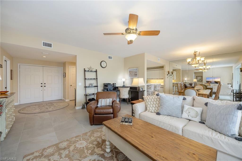 IMMEDIATE GOLF MEMBERSHIP FOR $125,000 ( Increases to $160,000 Nov 1) ACT NOW Beautifully updated 2-bedroom, 2-bath condo with a one-car garage and separate storage room. Features include neutral tile flooring throughout, modern designer-updated bathrooms, and turnkey Pottery Barn furnishings (per inventory). The oversized 42' x 15' lanai is enclosed with Lucite sliders, equipped with sunshades, and provides an additional 400 sq. ft. of under-air living space overlooking a serene water view with a sparkling fountain. Located close to the Waterford community pool and a short walk to pickleball, tennis, bocce, the association pool, fitness center, and the social Crystal Lake Restaurant & Bar. This condo in Eagle Creek has an immediate golf membership availability—initiation is $125,000 if purchased before November 1, 2026, increasing to $160,000 thereafter. Eagle Creek is an owner-owned boutique community of only 458 residences, known for its active, friendly lifestyle.