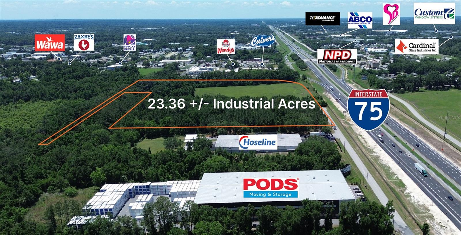 PROPERTY DESCRIPTION This 23 ±-acre site offers direct I-75 frontage with a fully approved site plan for 272,000 SF of industrial warehouse. M-2 industrial zoning provides flexibility for a broad range of uses beyond the approved plan. Nearby businesses include Cheney Brother Inc, Raney Truck Parts, and Outlaw Snax.  Ocala has emerged as one of Florida's premier industrial and logistics hubs, attracting major corporate occupiers including Amazon, AutoZone, Chewy, Costco, R&L Carriers, KMart, and FedEx. Its central location provides same-day access to Tampa, Orlando, and Jacksonville, and over 47 million residents within an 8-hour drive.