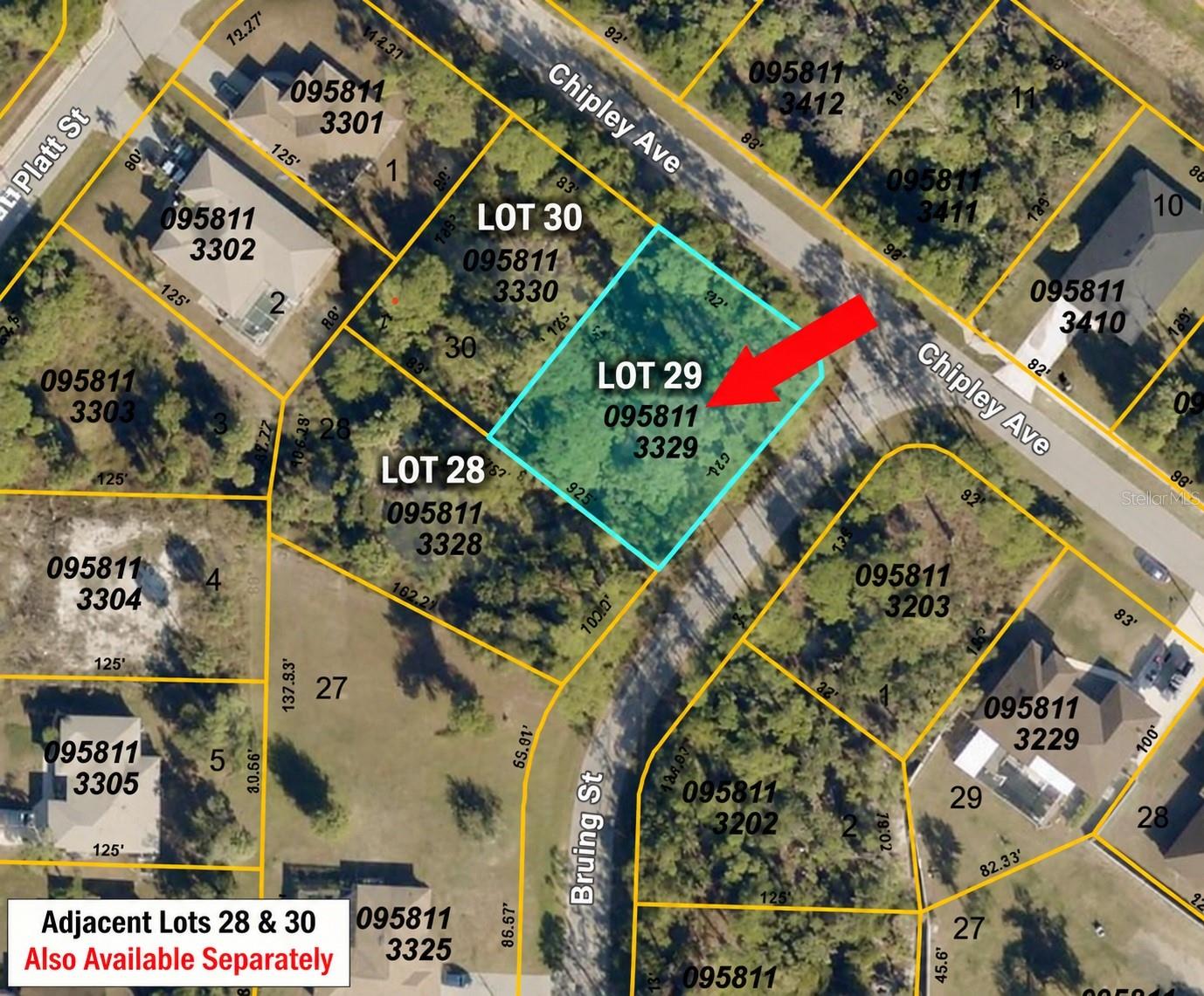 BUILDER / INVESTOR OPPORTUNITY OR PREMIUM CORNER CUSTOM HOMESITE! Outstanding corner lot opportunity in a rapidly growing pocket of North Port! This ~0.26-acre parcel (11,366 sq ft) boasts prime dual-road frontage at the corner of Bruing St and Chipley Ave, offering fantastic design flexibility for a custom home layout, side-entry garage, or extra yard privacy. Available individually or as part of a 2 to 3 lot contiguous package (up to 0.83 acres total with package pricing available)! Combine with adjacent interior Lot 30 for a spacious 0.50-acre pair, or acquire all three contiguous parcels (Lots 28, 29, & 30) for maximum footprint, builder efficiency, and bundle savings!

Situated in a quiet, attractive neighborhood with quick access to W Price Blvd and Sumter Blvd—placing you just minutes from local shopping, dining, the North Port Aquatic Center, Atwater Community Park, and top-rated Sarasota County schools.

Best of all, per city mapping, this property is COMPLETELY CLEAR OF SCRUB-JAY ZONES, saving you thousands in mitigation fees and expediting your build timeline! Desirable RSF-2 zoning. Flood Zone X (no mandatory flood insurance required). Electric is available nearby; private well and septic required upon construction.

Whether you are a builder staging your next project or a buyer looking to build on a prominent corner, drive by and check out the potential today!