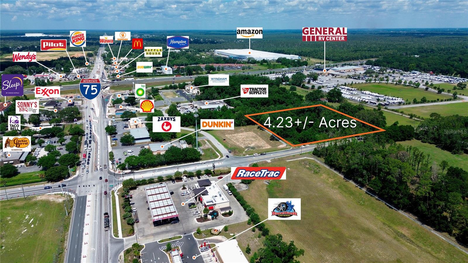 4.23 commercial acres along Hwy 475A near the very busy I-75/Hwy 484 interchange in Ocala, Florida, #1 US Metro for population growth 2023-2025. The property's commercial land use (Employment Center) provides for many different potential uses including industrial small bay/flex space, retail, hospitality and office/medical.  The surrounding retail/hospitality environment is well-established with brands including Cracker Barrel, Wawa, Tractor Supply, Zaxbys, Sonny's, Burger King, McDonalds, Popeyes, Waffle House, Dunkin' Donuts, RaceTrac, Pilot, Shell, Exxon, Hampton Inn and Microtel operating in close proximity.   The current zoning is PUD with approvals for 64 multifamily units.