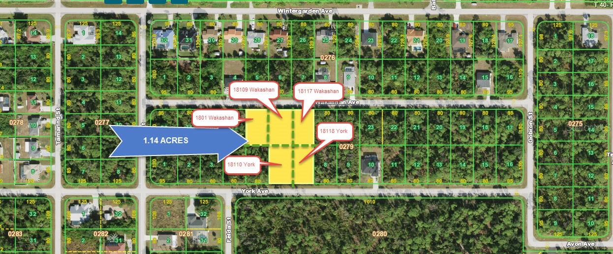 RARE INVESTMENT OPPORTUNITY IN PORT CHARLOTTE!
A phenomenal package deal featuring 5 contiguous/adjacent lots sold together, totalling 1.14 acres of prime Florida land! Beginning with the primary parcel at 18101 WAKASHAN AVE (Property ID: 40-22-19-104-005), this unique assemblage provides an expansive canvas ideal for builders, investors, or homeowners seeking exceptional space, privacy, and endless development potential.

Included in this 1.14-Acre Package:
    18109 Wakashan Ave,  | PID: 40-22-19-104-006 (0.23 Acres)
    18117 Wakashan Ave | PID: 40-22-19-104-007 (0.23 Acres)
    18118 York Ave | PID: 40-22-19-104-015 (0.23 Acres)
    18110 York Ave | PID: 40-22-19-104-014 (0.23 Acres)
And 18101 WAKASHAN AVE 40-22-19-104-005 (0.23 Acres) completing the 1.14-acre block

Nestled in a quiet, rapidly growing neighborhood in Port Charlotte, FL, this property offers unmatched flexibility—build your custom dream estate with room for a large workshop, pool, and RV/boat storage, or explore multi-lot development options.

Prime Location Highlights:
    Convenient access to major thoroughfares, including US-41 (Tamiami Trail) and SR-776 (El Jobean Rd).
    Minutes from shopping, dining, medical facilities, and the Town Center Mall area.
    Short drive to world-class Gulf beaches (Boca Grande, Manasota Key), premier golfing, public boat ramps, and Charlotte Harbor outdoor recreation.
    No HOA fees or rigid deed restrictions!
Seller Financing Available! Flexible terms make this prime multi-lot package an accessible and lucrative addition to your portfolio. Don't miss out on acquiring over an acre in one of Southwest Florida's most desirable growth corridors. Inquiry today!