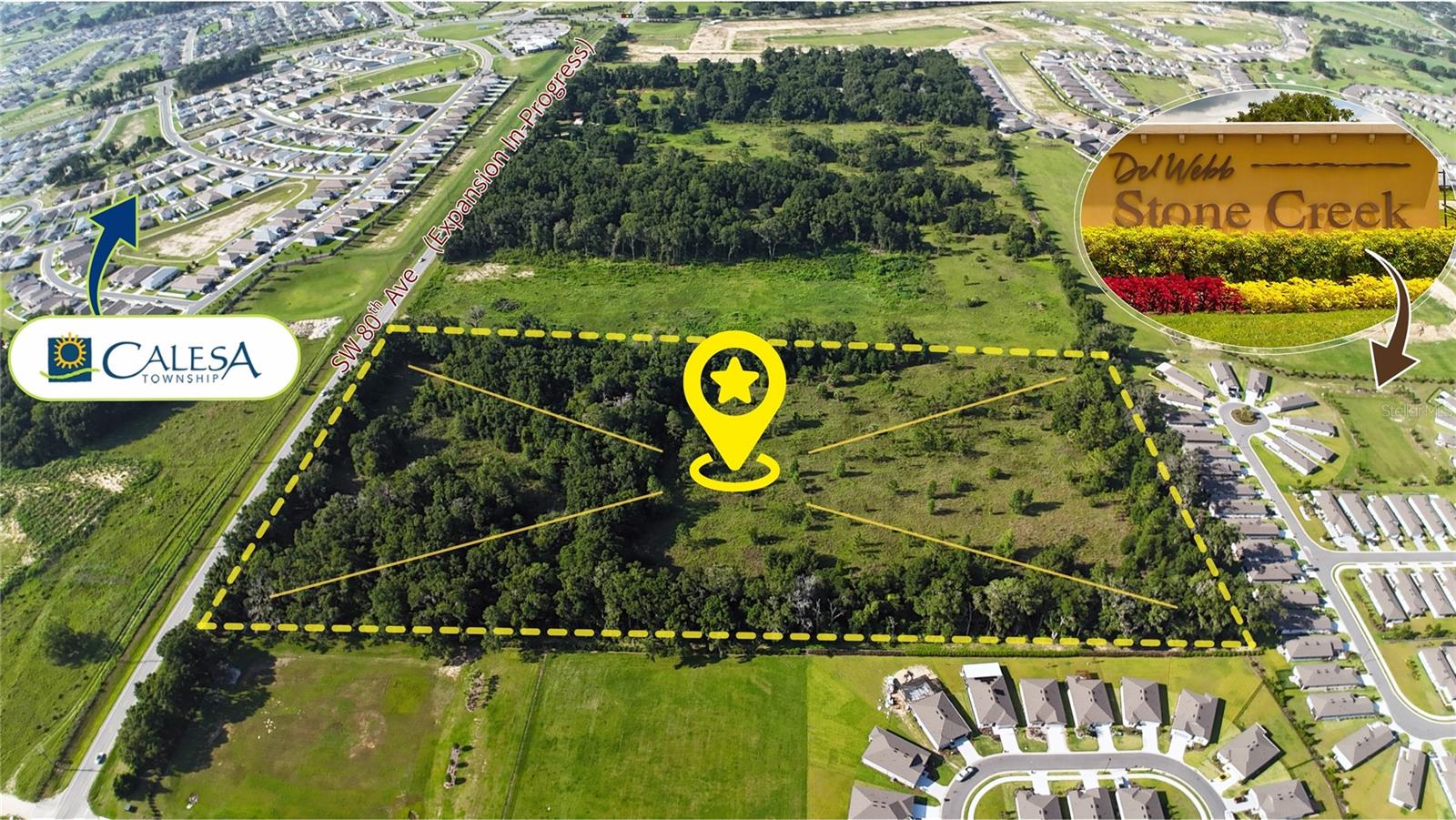 Don't miss your chance to own what may be one of the last "high-and-dry" lots on 80th Avenue. Currently zoned A-1, this property backs up to the Del Webb Stone Creek community and sits directly across from Calesa Township, putting you right in the middle of one of Ocala's most exciting growth corridors. With the newly expanded 80th Avenue project already underway, the timing couldn't be better. Properties along this corridor are gaining value fast, and savvy buyers are locking in land before the road expansion is complete and prices climb even higher. The potential here is hard to ignore. Whether you're looking to build, invest, or simply hold a prime piece of Ocala's future, this lot delivers the location and upside to make it worth your attention. Parcel ID: 34899-024-01 . **If you're thinking bigger, the owner is also open to bundling this lot along with a fully loaded 5-bed, 5.5-bath, 5,766 sqft. residence on 2 acres nearby... inquire for details.** Opportunities like this don't wait. Act now!
