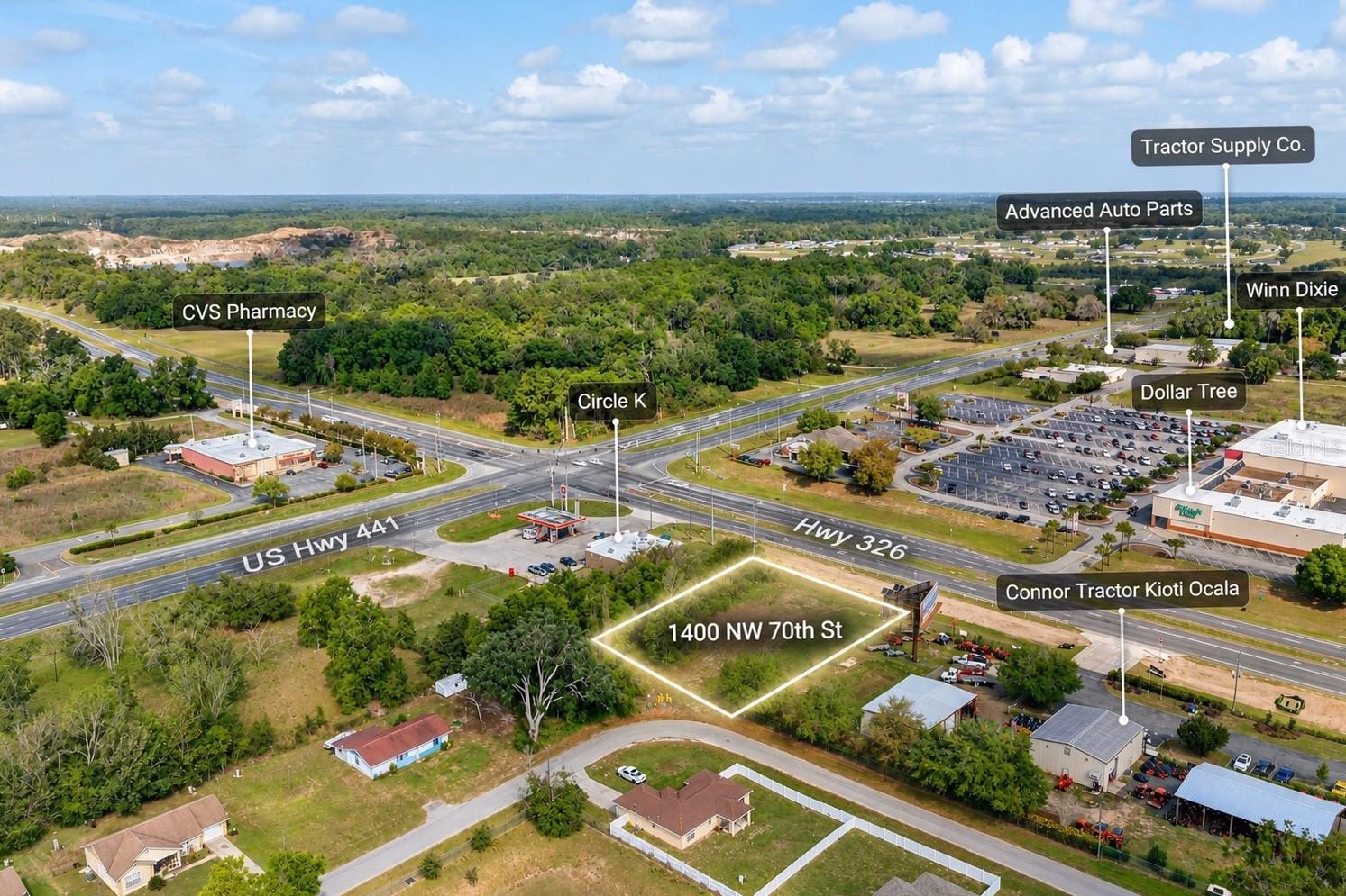LOCATION ...LOCATION ...LOCATION!!! Dont miss out on an opportunity to invest in the rapidly growing Ocala area where 333 new residents move to Ocala every day and thousands more visit!  
Only 10.4 miles from the World Equestrian Center - This PRIME REAL ESTATE is located with 160 ft of frontage on HIGHWAY 326!!!!
THIS IS THE PERFECT INVESTMENT:   Located in a growing area, easy to access from the main road or a back entrance , located at the corner of 2 very heavy traffic areas (Hwy 441 & HWY 326),  exposure to thousands of cars and trucks daily.    The gas station next door is thriving & sure to bring in traffic, NO FLOOD ZONE.  There are NOT many available commercial lots on HWY 326 , this is a rare find that will pay for itself quickly as the area grows in popularity.