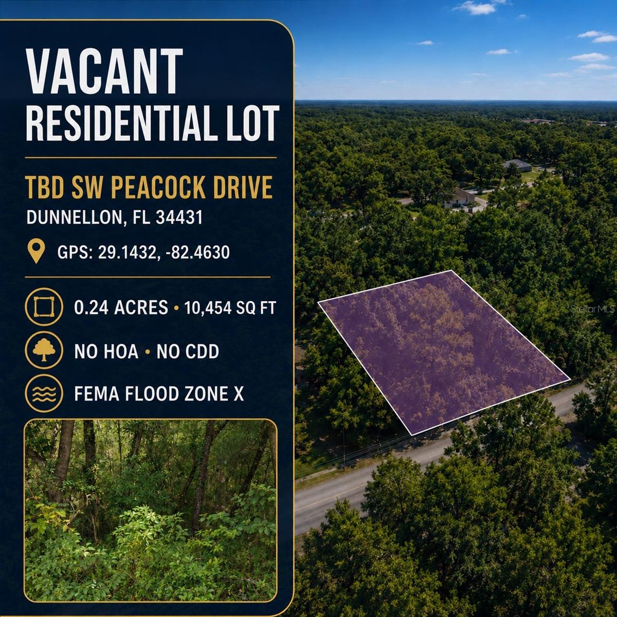 Affordable Residential Homesite with Paved-Road Frontage in Rainbow Lakes Estates! This approximately 0.24-acre property contains approximately 10,454 square feet and measures approximately 70 feet wide by 150 feet deep, providing ample space for a future site-built single-family residence. Zoned R-1 residential, the property features paved frontage along SW Peacock Drive and is surrounded by established residences and newer construction. Its natural vegetation allows for selective clearing and the design of the homesite around the owner’s preferred layout. No HOA and No CDD!

Rainbow Lakes Estates offers recreational amenities available to residents and property owners. Sea Cliff Community Park features tennis, pickleball, basketball and racquetball courts, a walking trail, softball field and pavilions. Lake Bonable provides opportunities for swimming, canoeing and fishing. The community also offers a youth center, fitness center and organized clubs.

Convenient access to U.S. Highway 41 and State Road 40 provides connections to Downtown Dunnellon, Ocala, Crystal River and Interstate 75. Shopping, supermarkets, restaurants, banking, schools, postal services and other everyday conveniences are available in the surrounding Dunnellon area.

Nearby Rainbow Springs State Park is known for its beautiful natural surroundings and crystal-clear waters, with opportunities for swimming, kayaking, canoeing, tubing, hiking and picnicking. Build your future Florida home or purchase now and hold for long-term investment while enjoying the recreation and natural beauty of the Dunnellon area. Qualified buyers may purchase with as little as a 20% down payment.